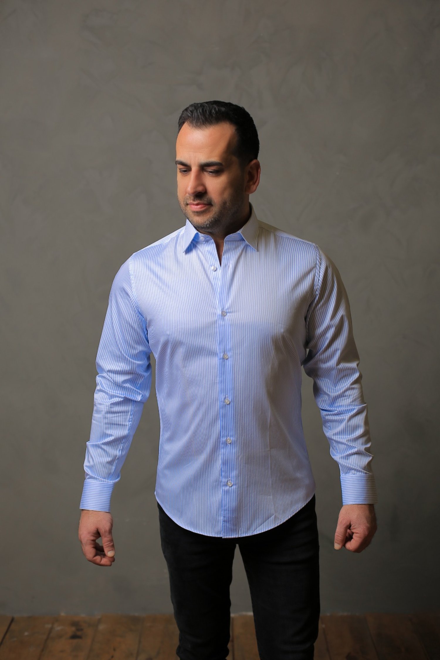 % 100 PAMUK SATEN AÇIK MAVİ ÇİZGİLİ SLİM FIT GÖMLEK - XL E8ZU
