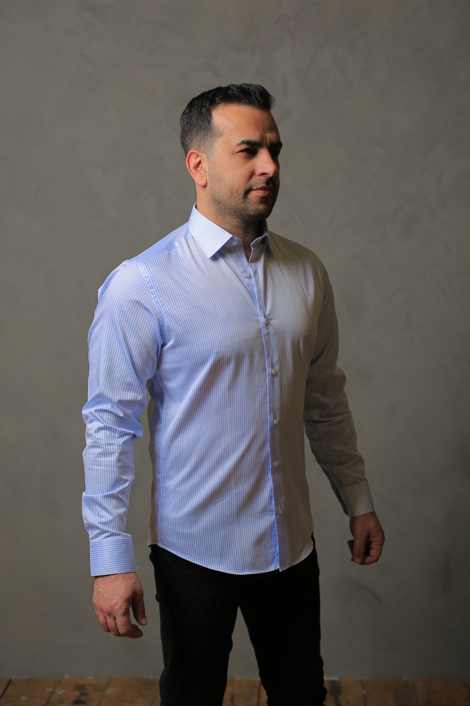 % 100 PAMUK SATEN AÇIK MAVİ ÇİZGİLİ SLİM FIT GÖMLEK - XL K2CU
