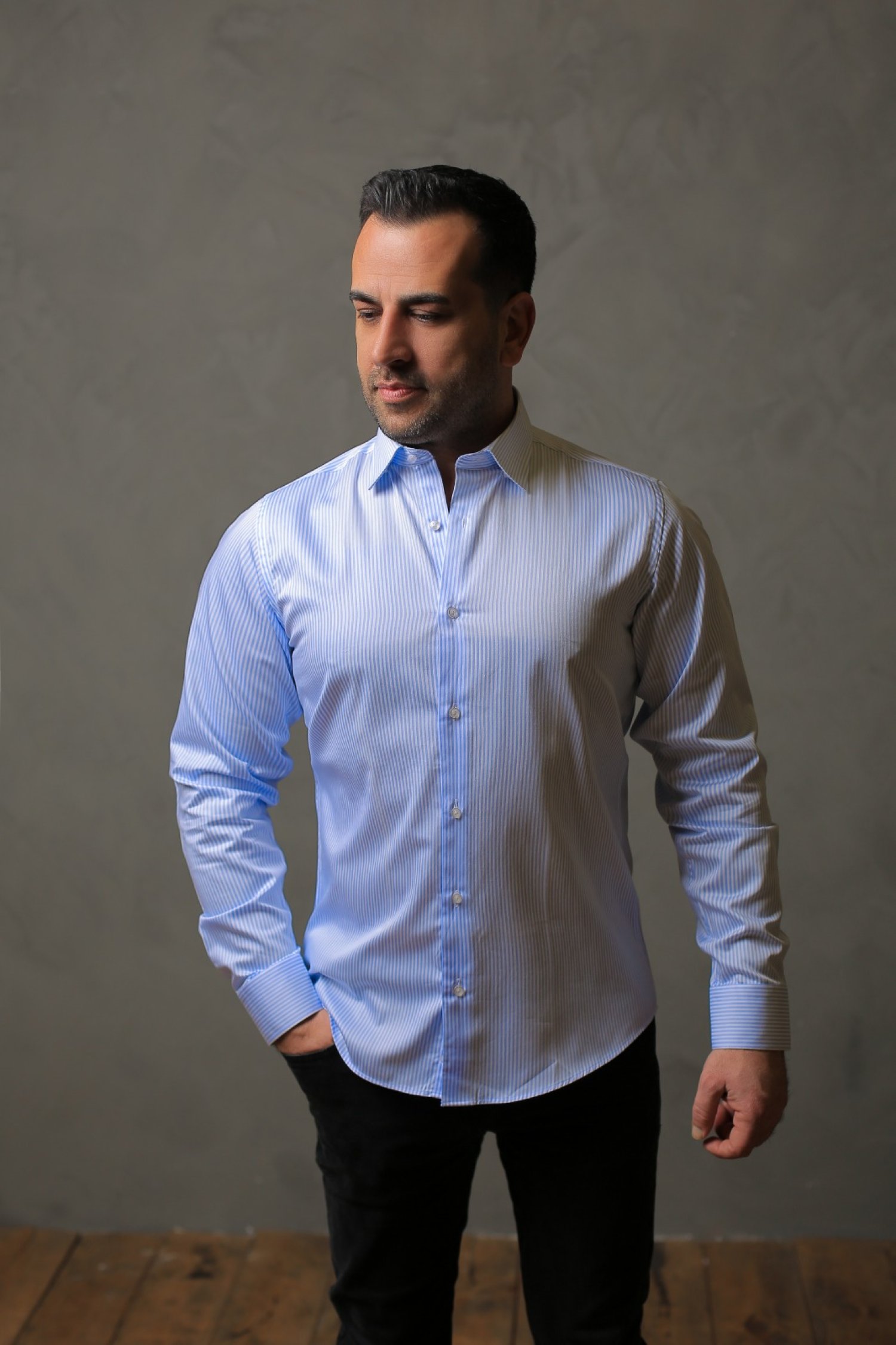 % 100 PAMUK SATEN AÇIK MAVİ ÇİZGİLİ SLİM FIT GÖMLEK - XL RDF4