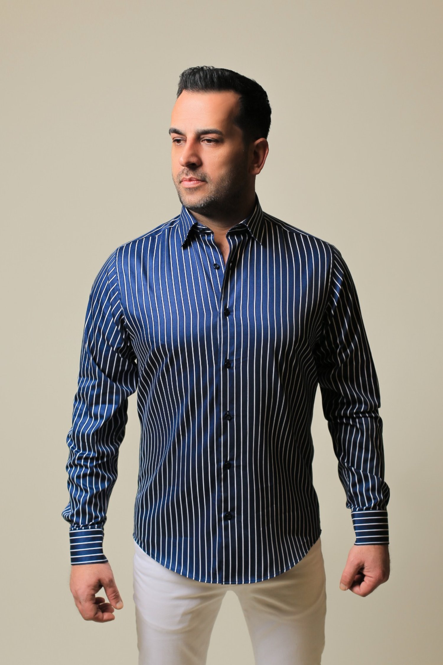 %100 Pamuk Saten Beyaz Çizgili Lacivert Slim Fit Gömlek - S 6N4P