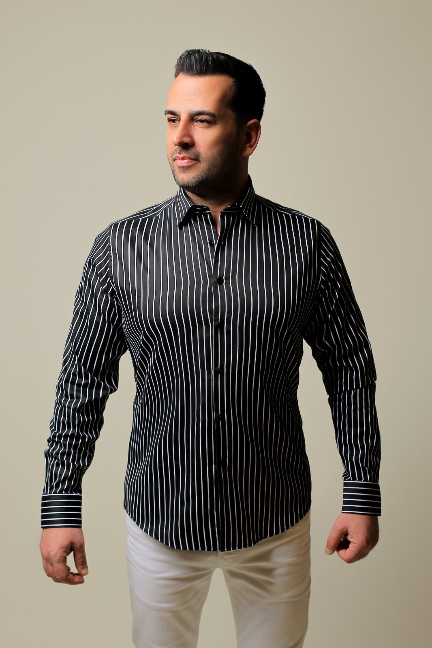 %100 Pamuk Saten Beyaz Çizgili Siyah Slim Fit Gömlek - XL NPNP