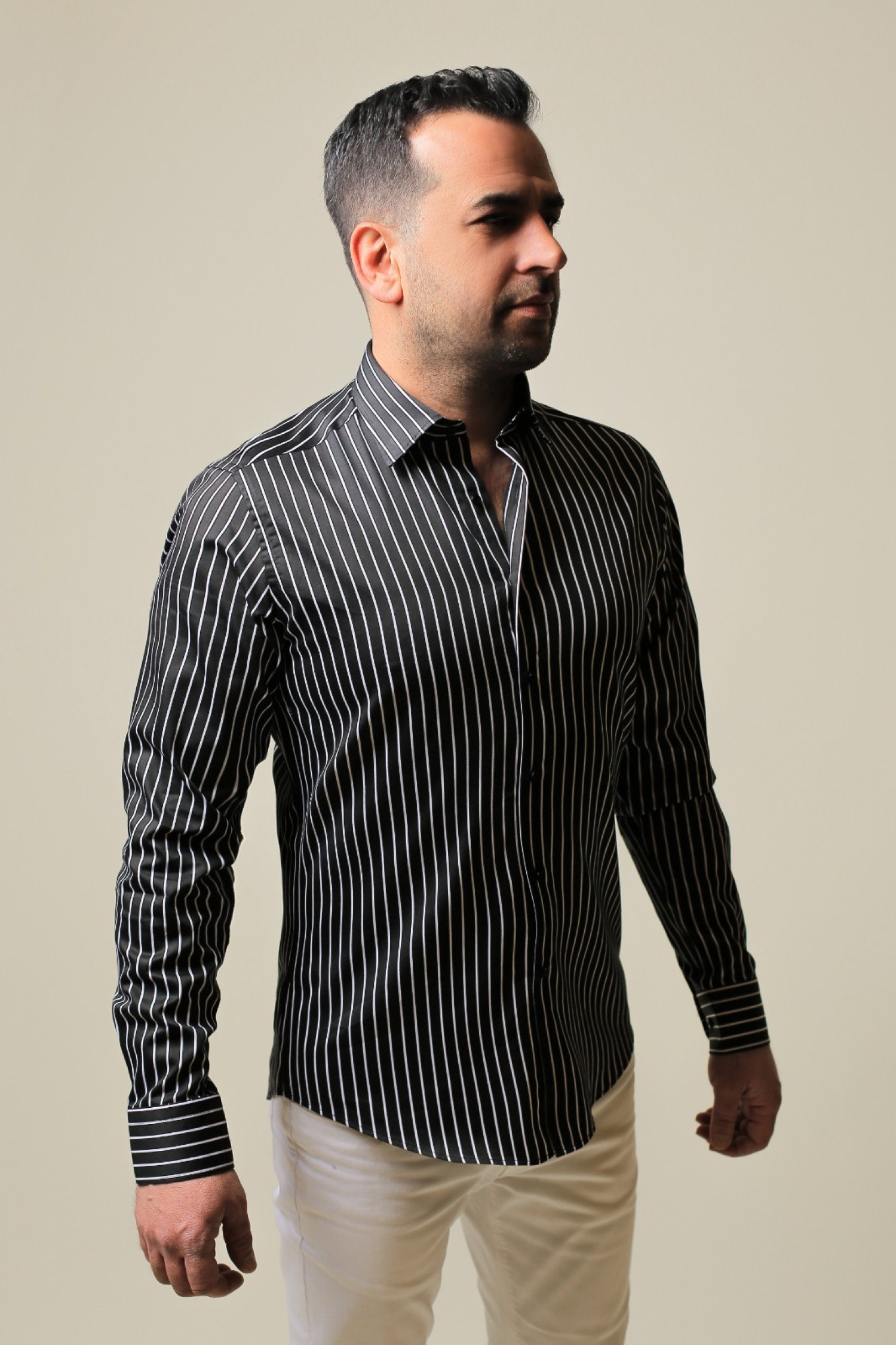 %100 Pamuk Saten Beyaz Çizgili Siyah Slim Fit Gömlek - XL O20E