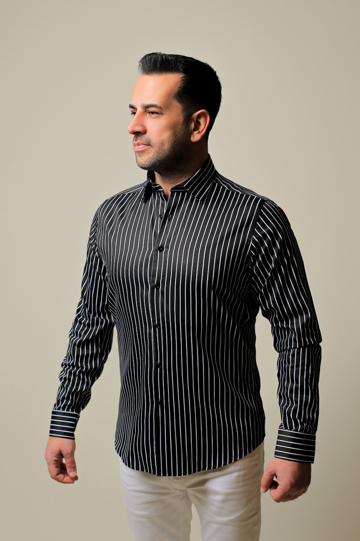 %100 Pamuk Saten Beyaz Çizgili Siyah Slim Fit Gömlek - XL RD7H