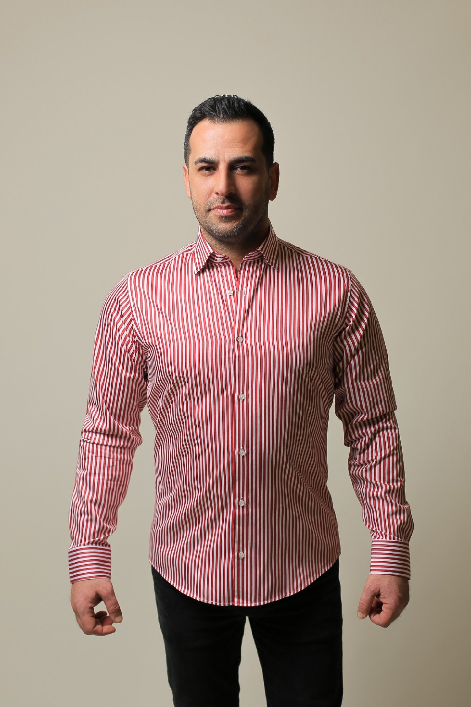 %100 PAMUK SATEN KIRMIZI ÇİZGİLİ SLIM FIT GÖMLEK - XL E60C