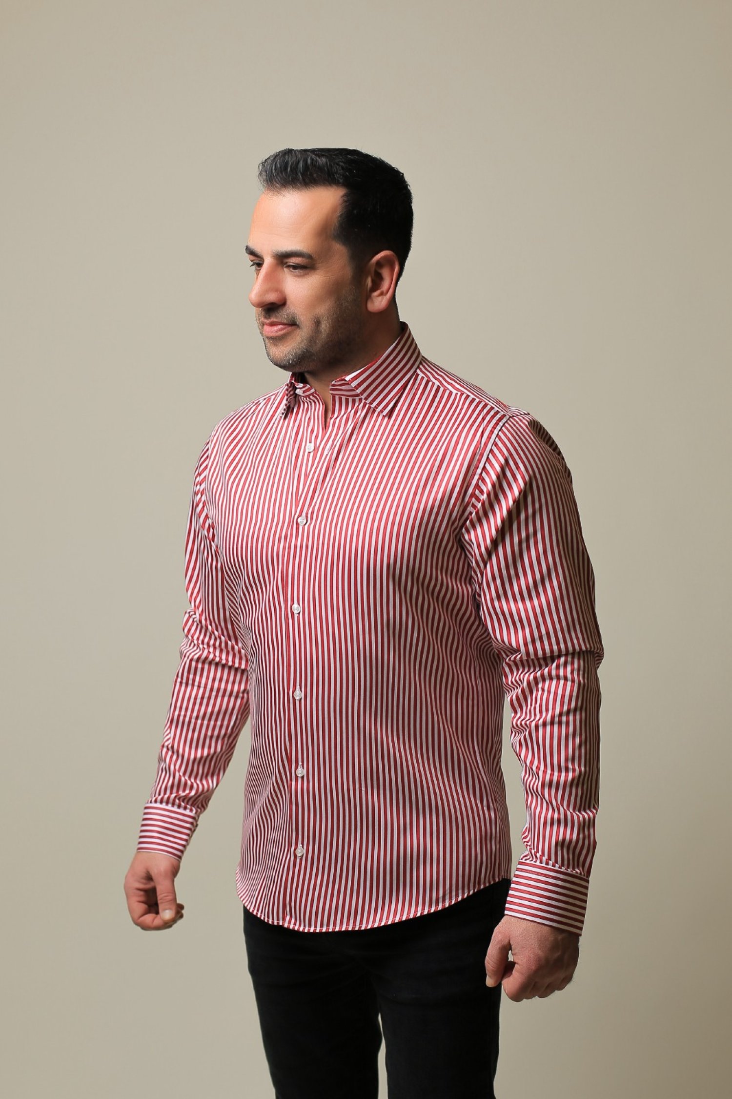 %100 PAMUK SATEN KIRMIZI ÇİZGİLİ SLIM FIT GÖMLEK - XL NA2A