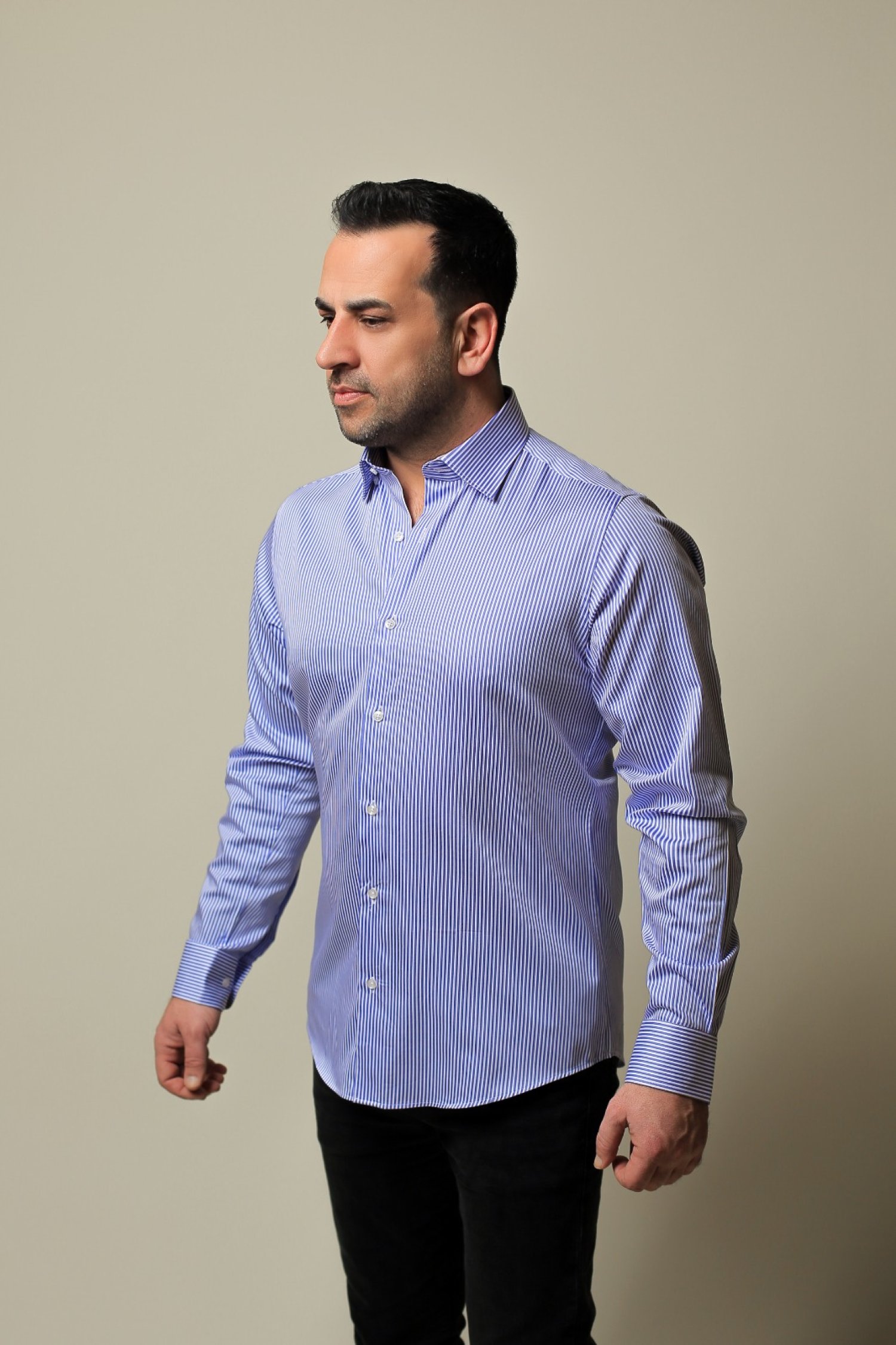 %100 PAMUK SATEN MAVİ İNCE ÇİZGİLİ SLİM FIT GÖMLEK - XXL OALX