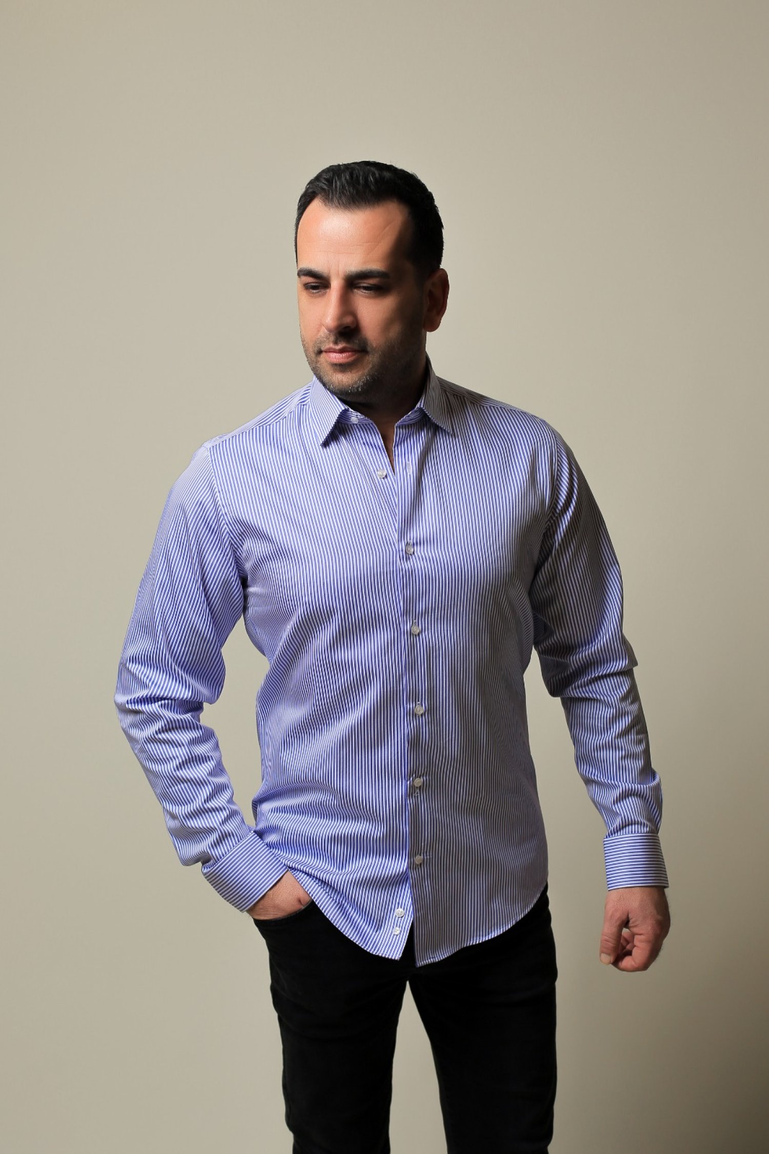 %100 PAMUK SATEN MAVİ İNCE ÇİZGİLİ SLİM FIT GÖMLEK - XXL POHC