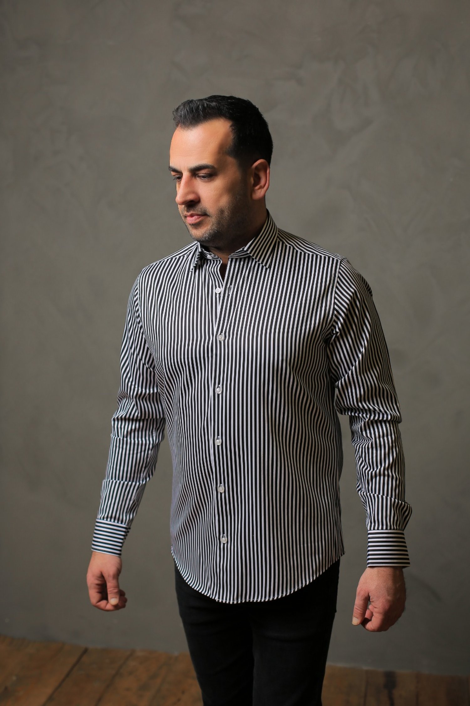 %100 Pamuk Saten Siyah Kalın Çizgili Slim Fit Gömlek - M 6D8F