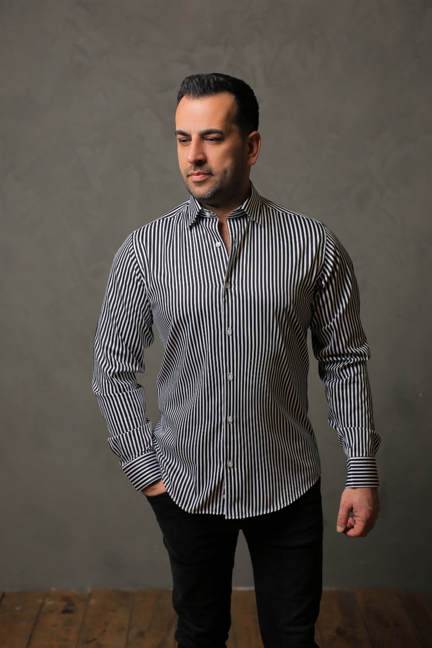 %100 Pamuk Saten Siyah Kalın Çizgili Slim Fit Gömlek - M H7DR