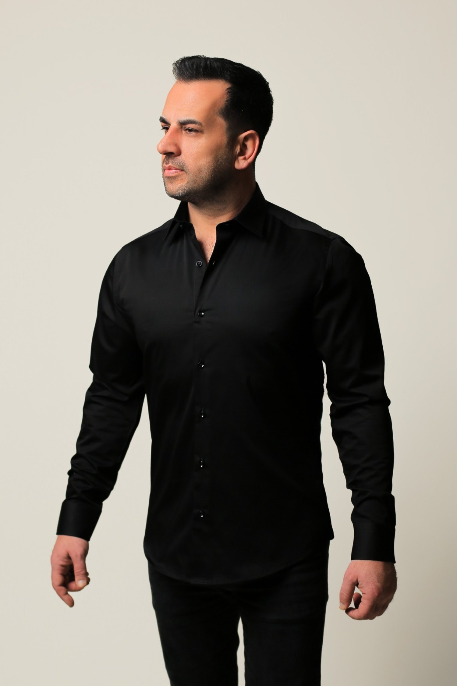 %100 Pamuk Saten Siyah Slim Fit Gömlek - XL A8B6