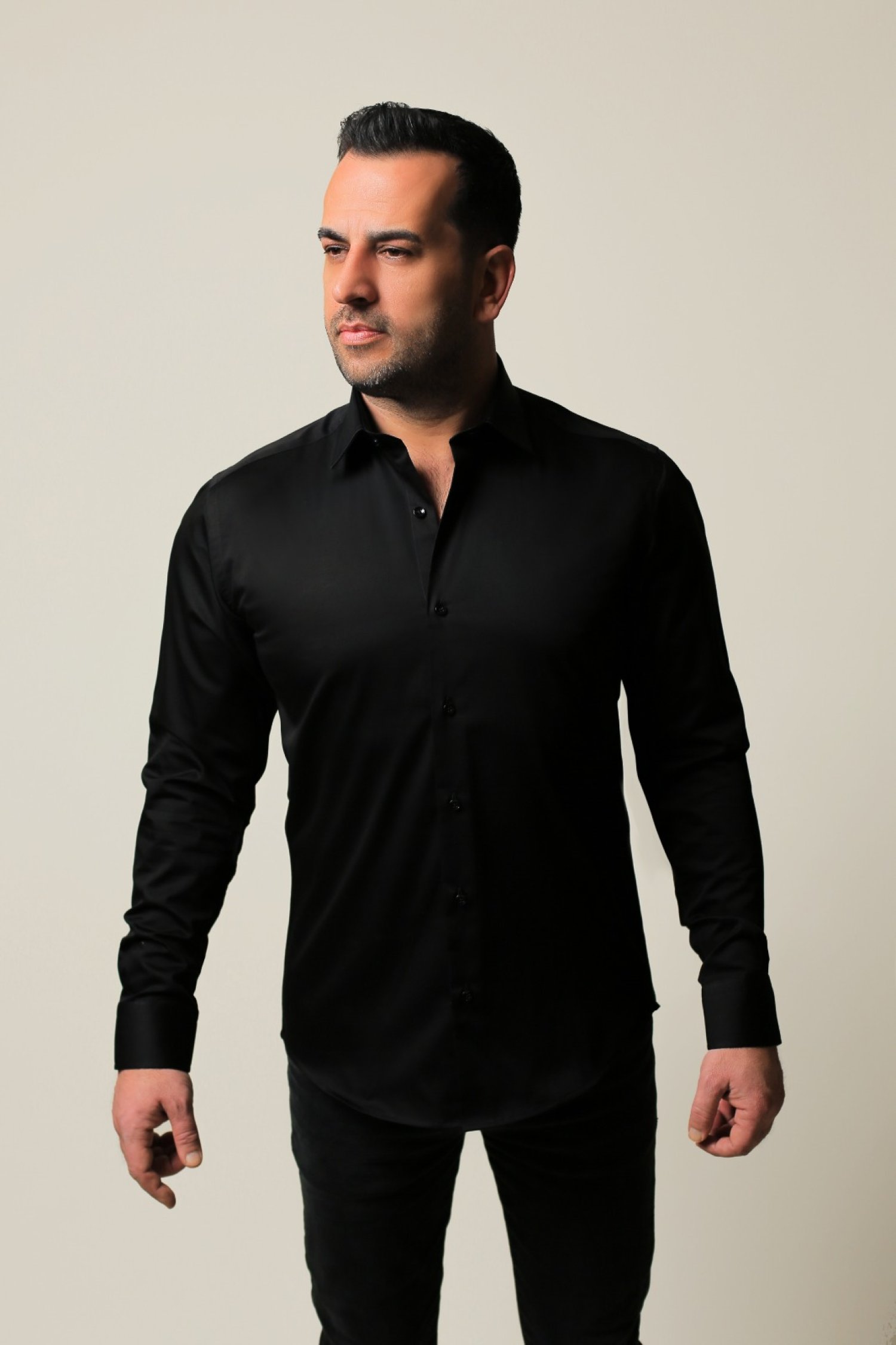 %100 Pamuk Saten Siyah Slim Fit Gömlek - XL JL06