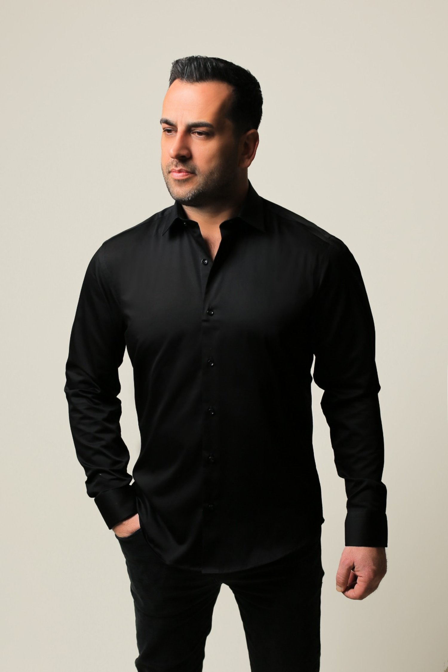 %100 Pamuk Saten Siyah Slim Fit Gömlek - XL PVQE