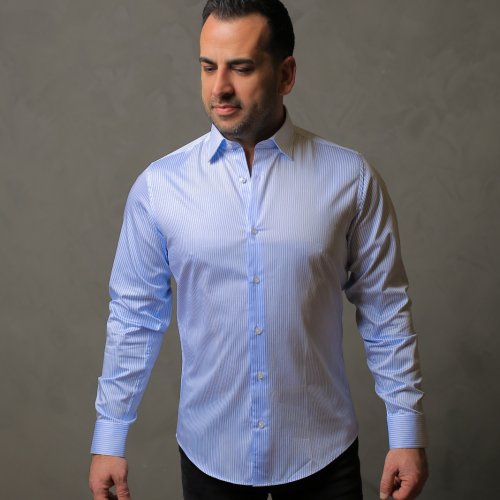 % 100 PAMUK SATEN AÇIK MAVİ ÇİZGİLİ SLİM FIT GÖMLEK - XL E8ZU
