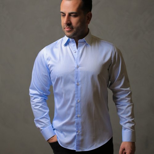 % 100 PAMUK SATEN AÇIK MAVİ ÇİZGİLİ SLİM FIT GÖMLEK - XL RDF4
