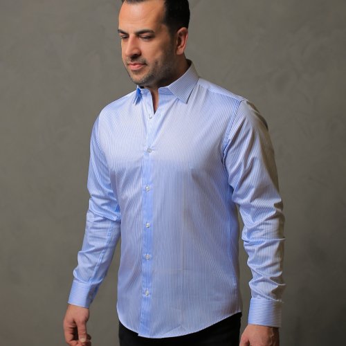 % 100 PAMUK SATEN AÇIK MAVİ ÇİZGİLİ SLİM FIT GÖMLEK - XL WBB9