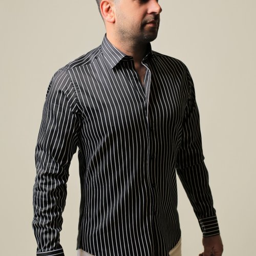 %100 Pamuk Saten Beyaz Çizgili Siyah Slim Fit Gömlek - XL O20E
