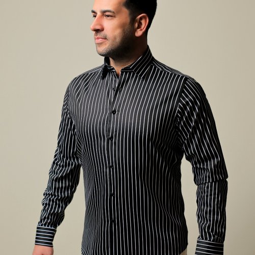 %100 Pamuk Saten Beyaz Çizgili Siyah Slim Fit Gömlek - XL RD7H