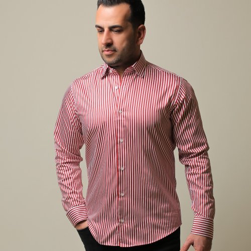 %100 PAMUK SATEN KIRMIZI ÇİZGİLİ SLIM FIT GÖMLEK - XL 0FMX
