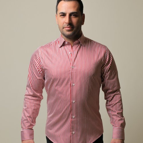 %100 PAMUK SATEN KIRMIZI ÇİZGİLİ SLIM FIT GÖMLEK - XXL