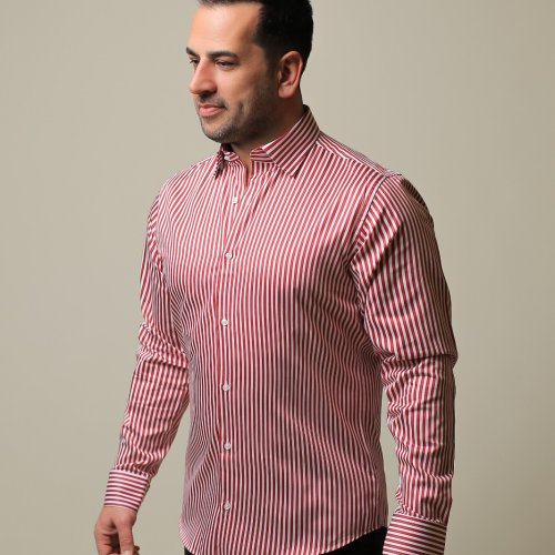 %100 PAMUK SATEN KIRMIZI ÇİZGİLİ SLIM FIT GÖMLEK - XL NA2A