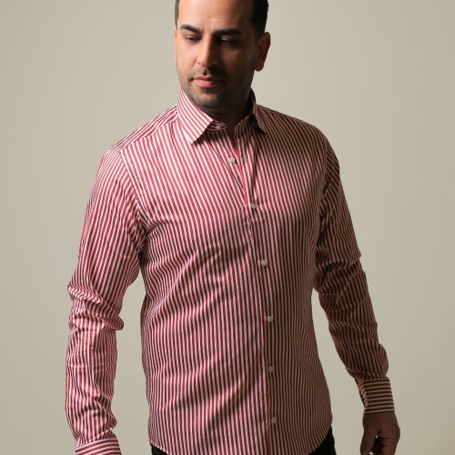 %100 PAMUK SATEN KIRMIZI ÇİZGİLİ SLIM FIT GÖMLEK - XL NV78