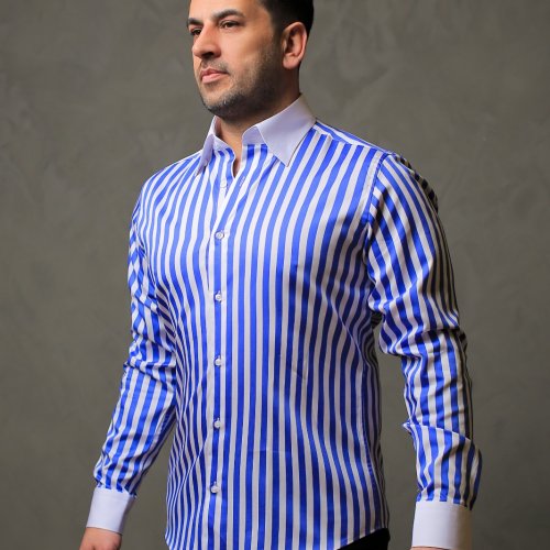 %100 Pamuk Saten Manşet Mavi Çizgili Slim Fit Gömlek  - L BE6V