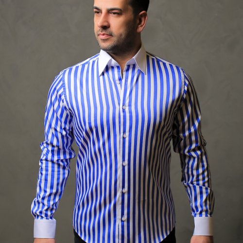%100 Pamuk Saten Manşet Mavi Çizgili Slim Fit Gömlek  - L HVN6