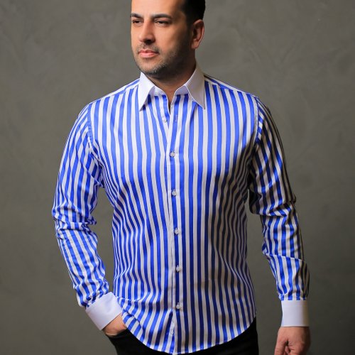 %100 Pamuk Saten Manşet Mavi Çizgili Slim Fit Gömlek  - M