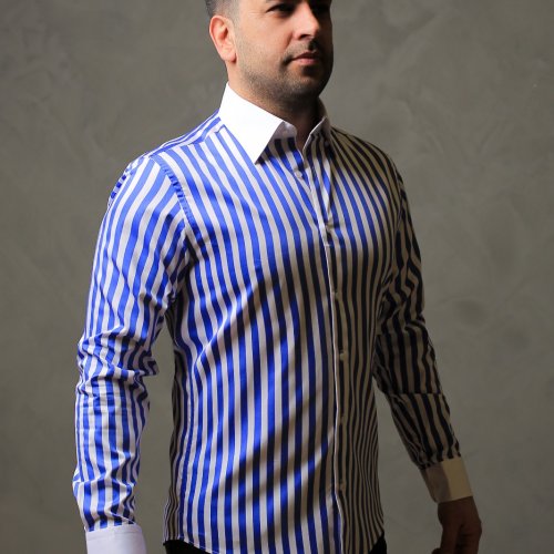 %100 Pamuk Saten Manşet Mavi Çizgili Slim Fit Gömlek  - L OVIL