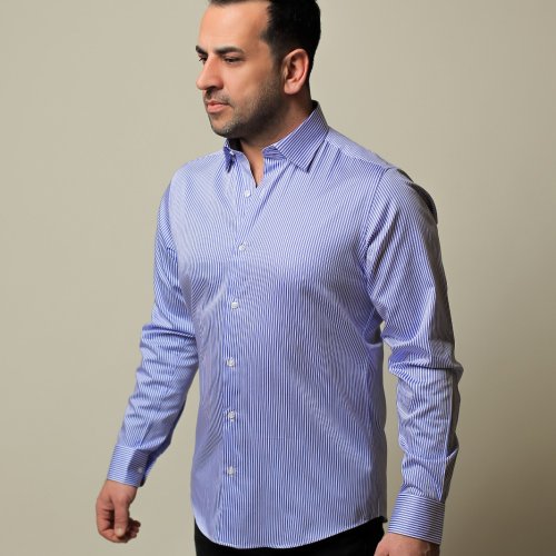 %100 PAMUK SATEN MAVİ İNCE ÇİZGİLİ SLİM FIT GÖMLEK - XXL OALX