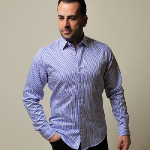 %100 PAMUK SATEN MAVİ İNCE ÇİZGİLİ SLİM FIT GÖMLEK - XXL POHC