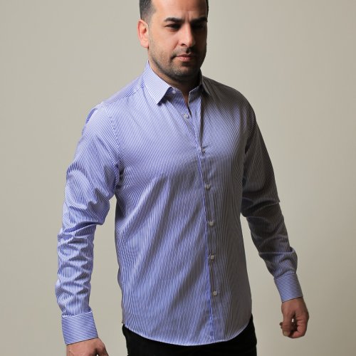 %100 PAMUK SATEN MAVİ İNCE ÇİZGİLİ SLİM FIT GÖMLEK - XXL UQU9
