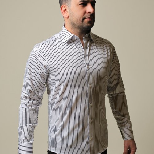 %100 Pamuk Saten Siyah Çizgili Beyaz Slim Fit Erkek Gömlek - S