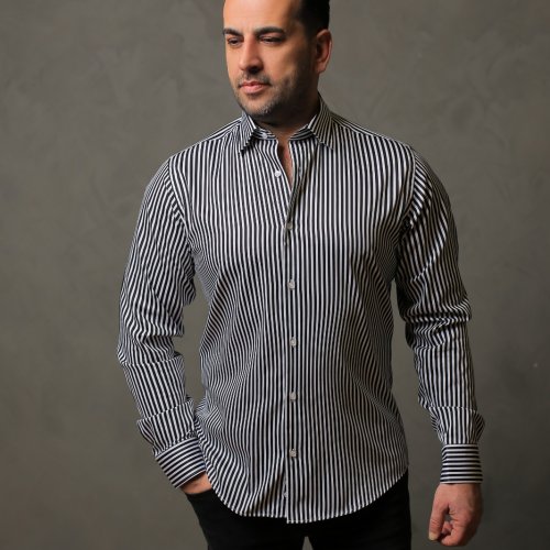 %100 Pamuk Saten Siyah Kalın Çizgili Slim Fit Gömlek - M H7DR