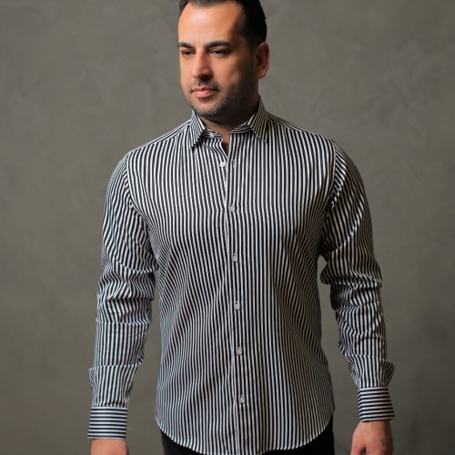 %100 Pamuk Saten Siyah Kalın Çizgili Slim Fit Gömlek - M K4K6