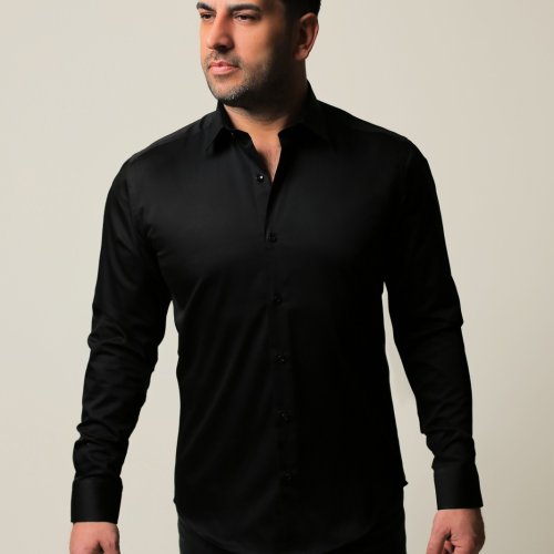 %100 Pamuk Saten Siyah Slim Fit Gömlek - XL JL06