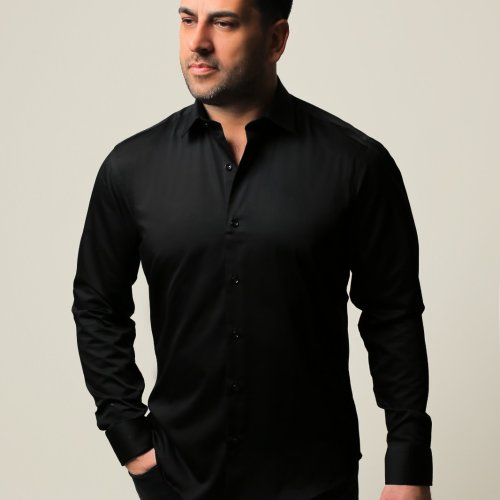 %100 Pamuk Saten Siyah Slim Fit Gömlek - XL PVQE